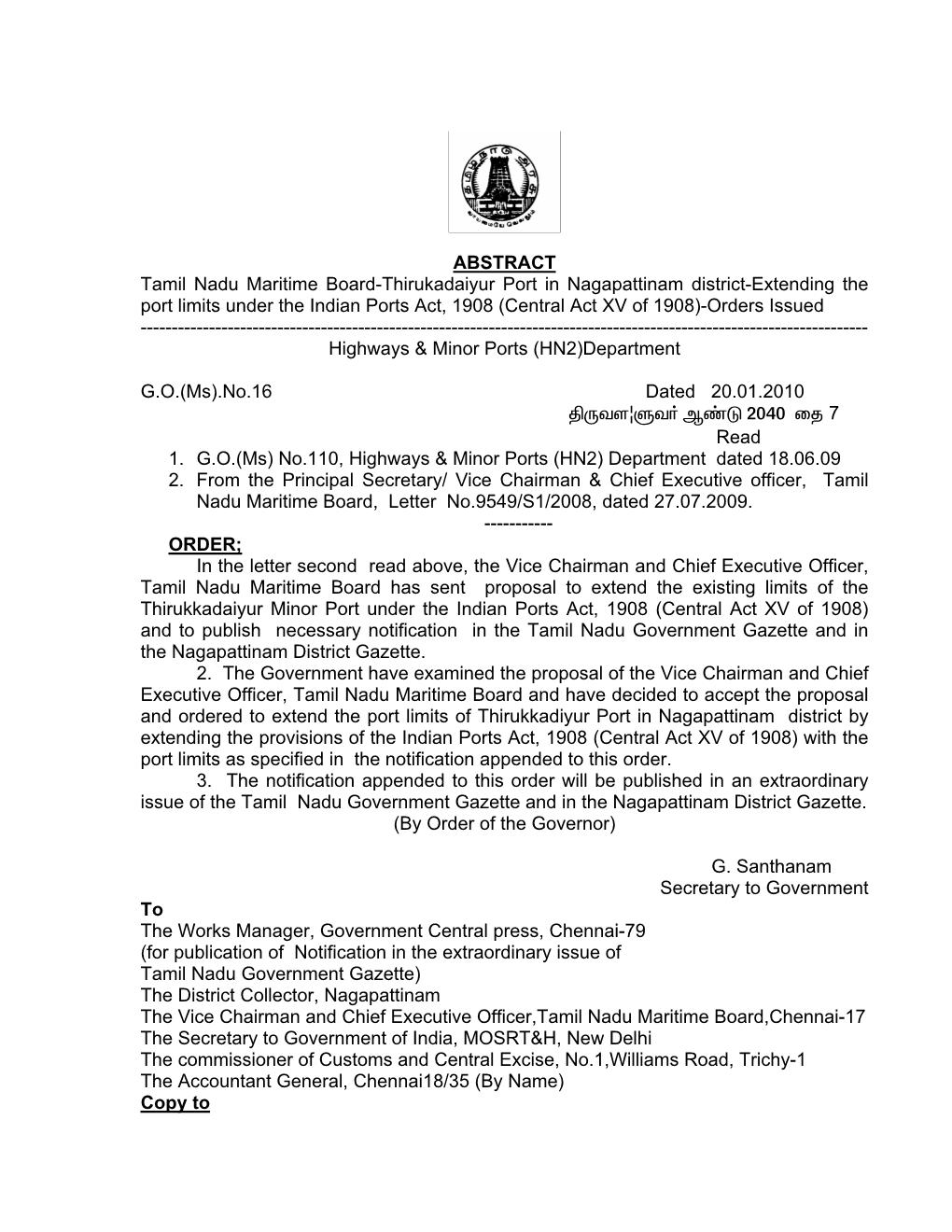 ABSTRACT Tamil Nadu Maritime Board-Thirukadaiyur Port In