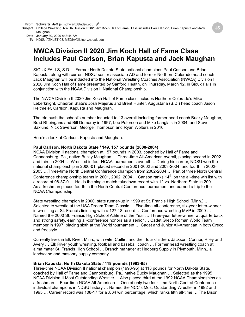 College Wrestling NWCA Division II 2020 Jim Koch Hall of Fame Class