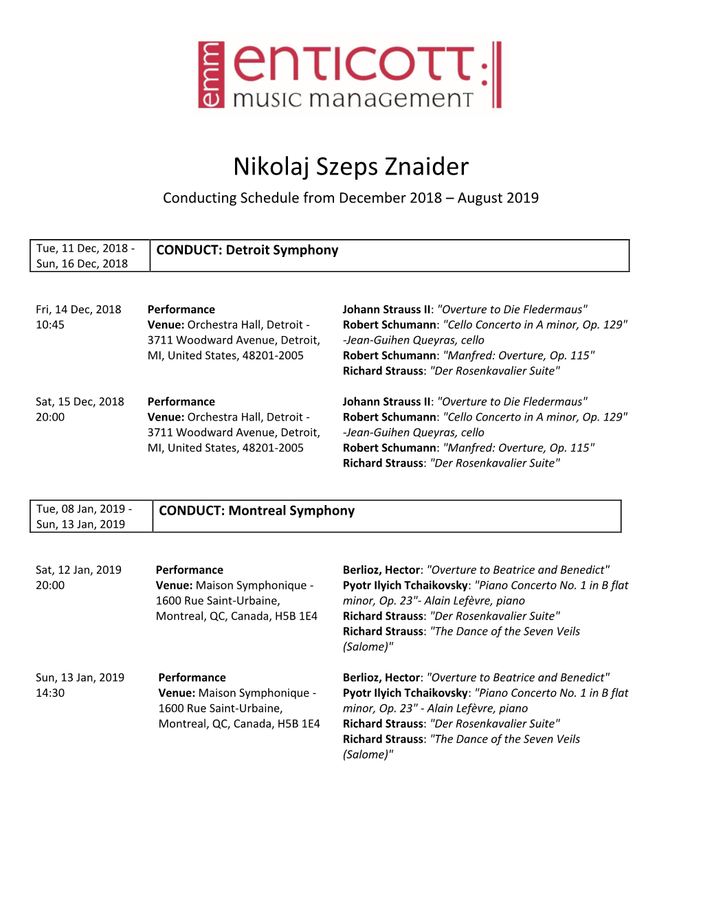 Nikolaj Szeps Znaider Conducting Schedule from December 2018 – August 2019