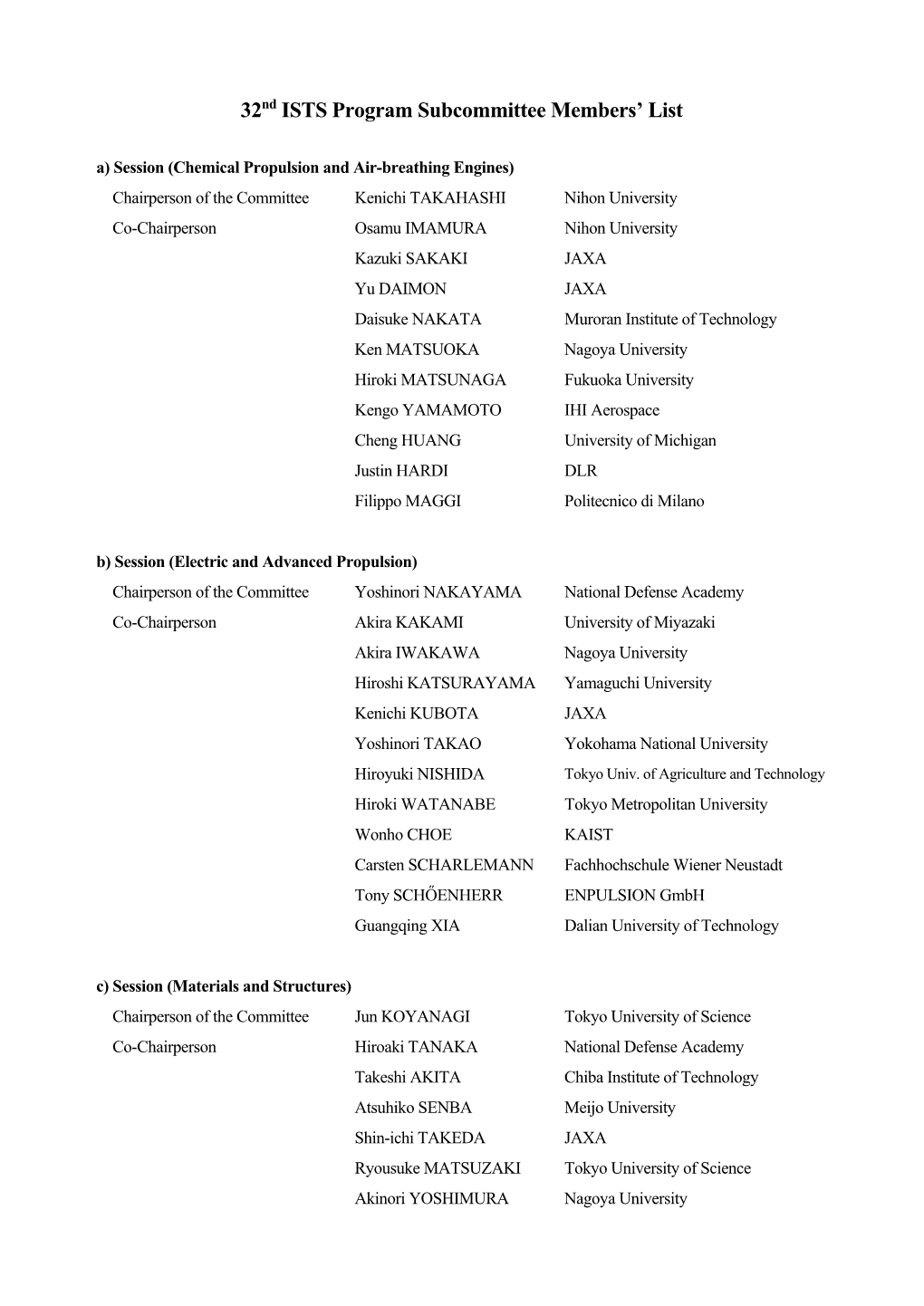Program Subcommittee Member's List