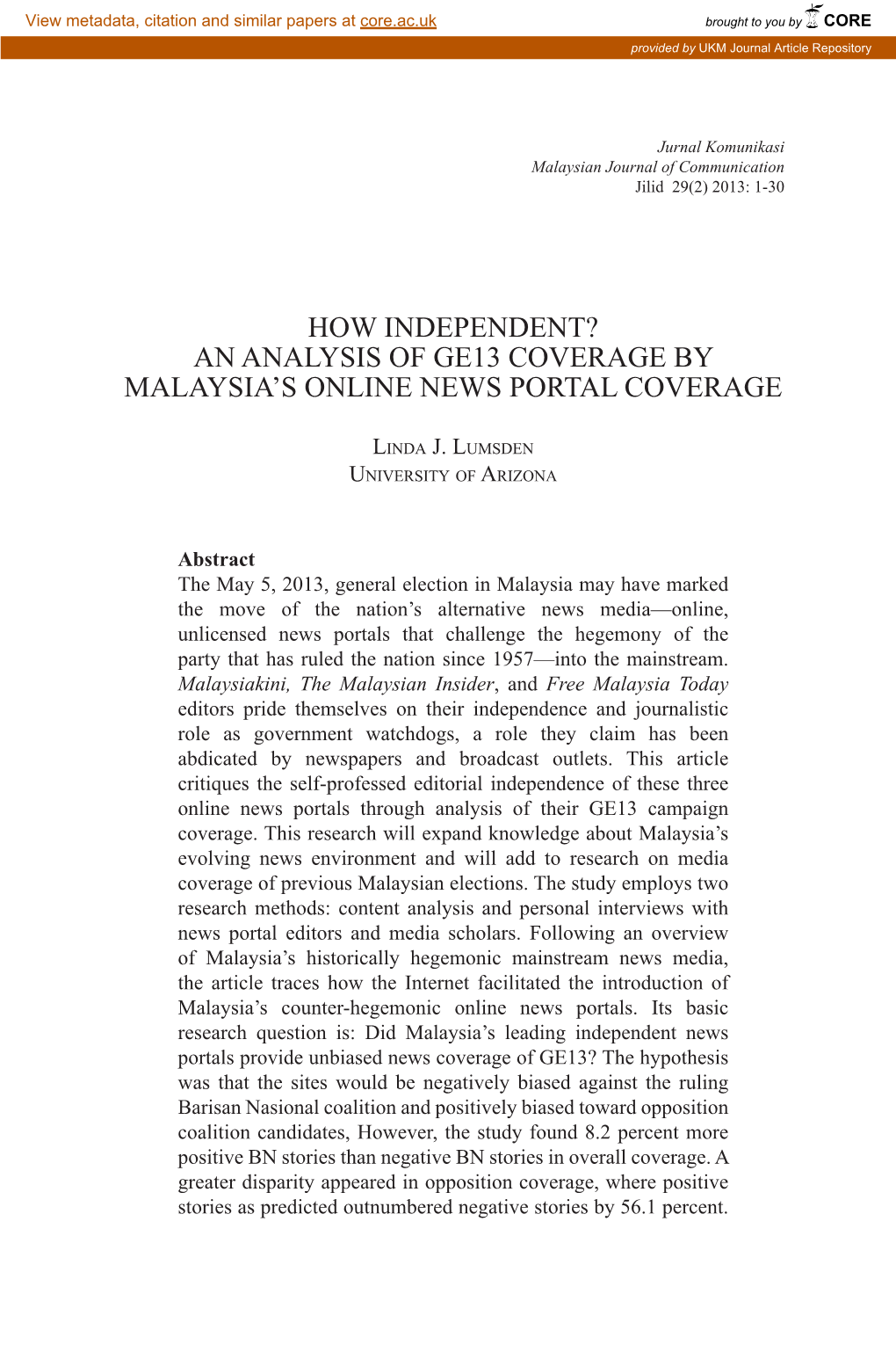 An Analysis of Ge13 Coverage by Malaysia's Online News