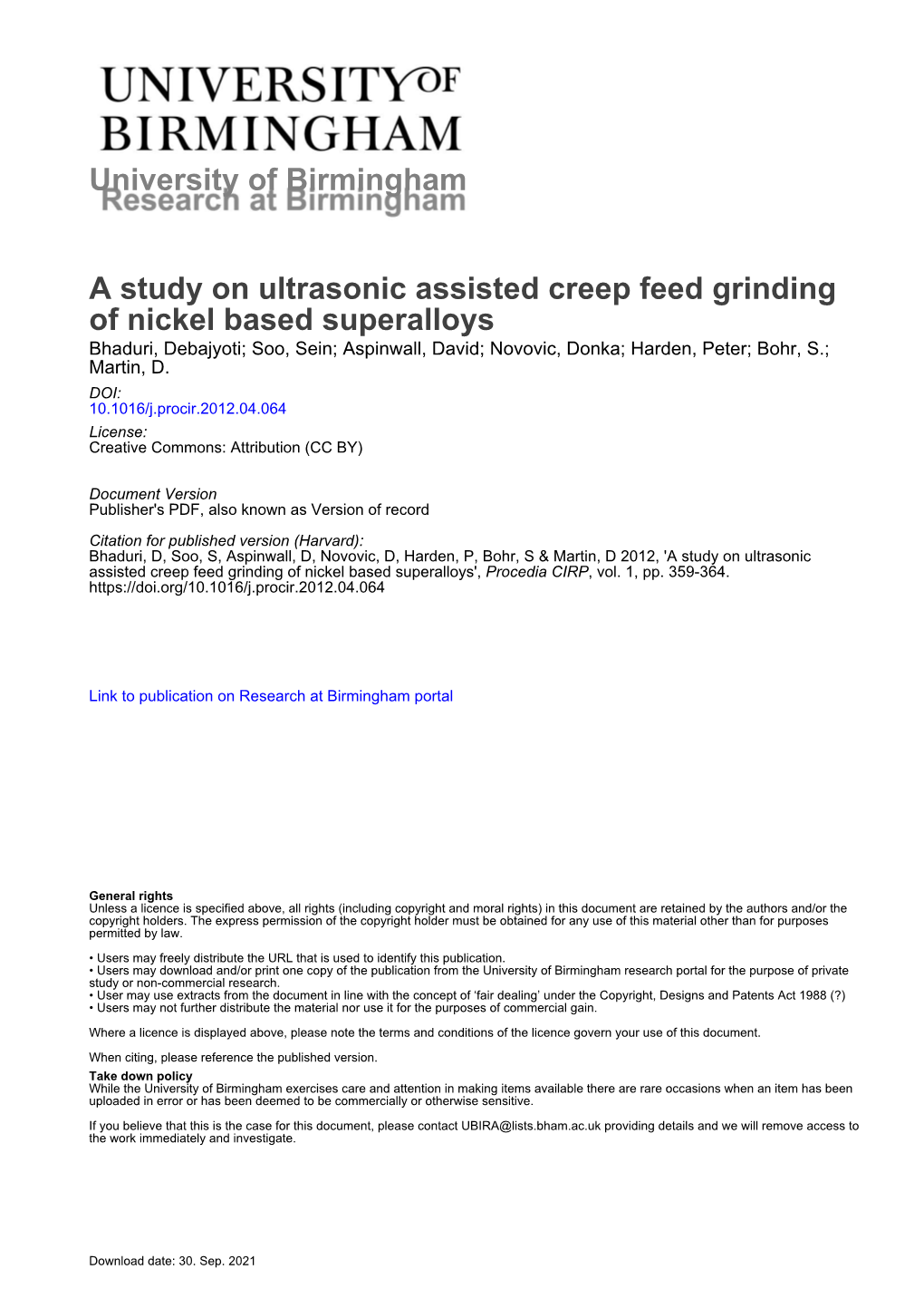 University of Birmingham a Study on Ultrasonic Assisted Creep Feed