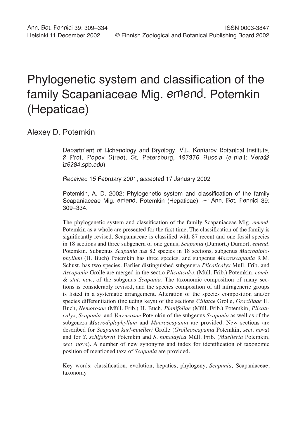 Phylogenetic System and Classification of the Family Scapaniaceae