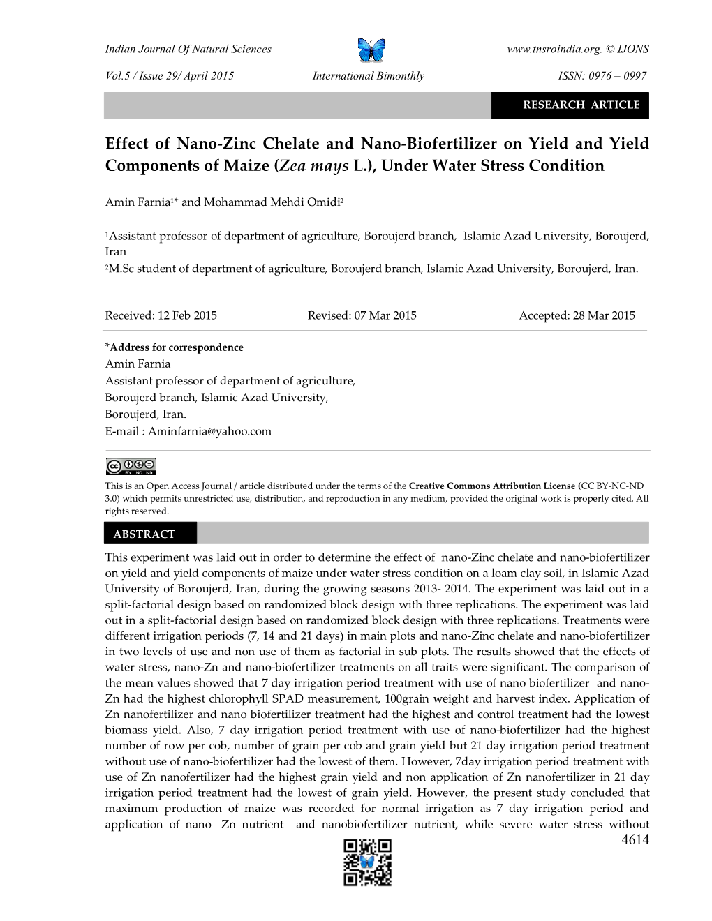Effect of Nano-Zinc Chelate and Nano-Biofertilizer on Yield and Yield Components of Maize (Zea Mays L.), Under Water Stress Condition