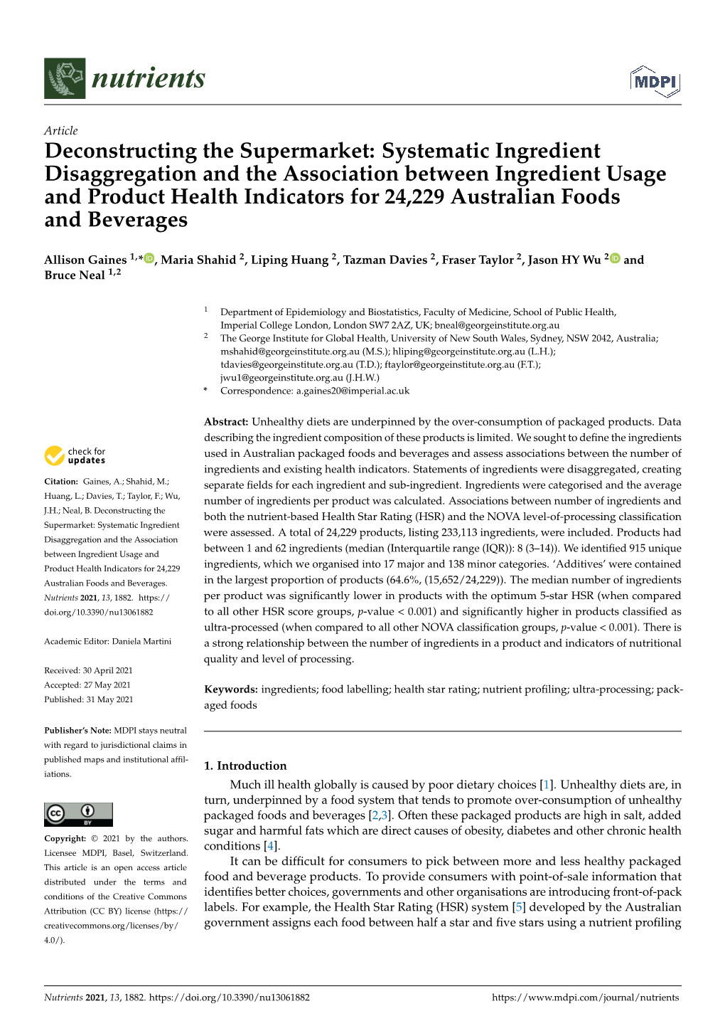 Deconstructing the Supermarket: Systematic Ingredient Disaggregation and the Association Between Ingredient Usage and Product He