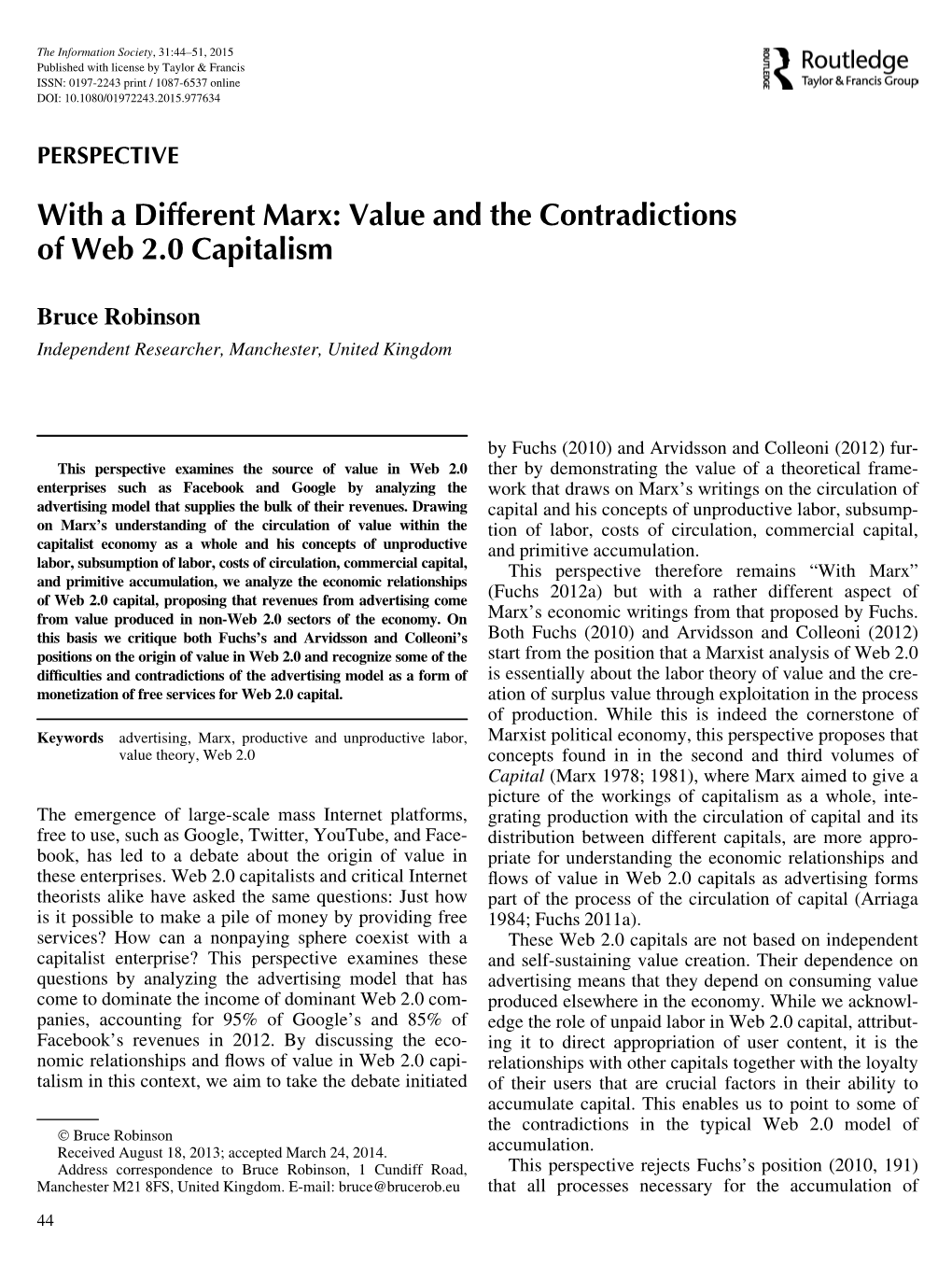 With a Different Marx: Value and the Contradictions of Web 2.0 Capitalism