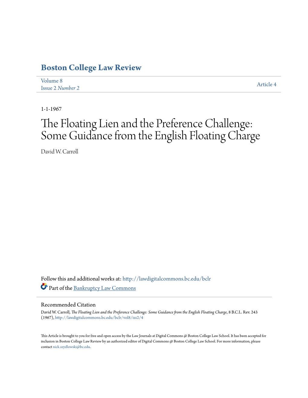 The Floating Lien and the Preference Challenge: Some Guidance from the English Floating Charge, 8 B.C.L