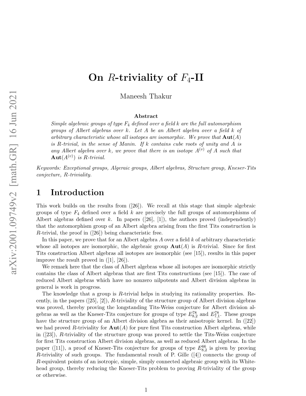 Arxiv:2001.09749V2 [Math.GR] 16 Jun 2021 on R-Triviality of F 4-II