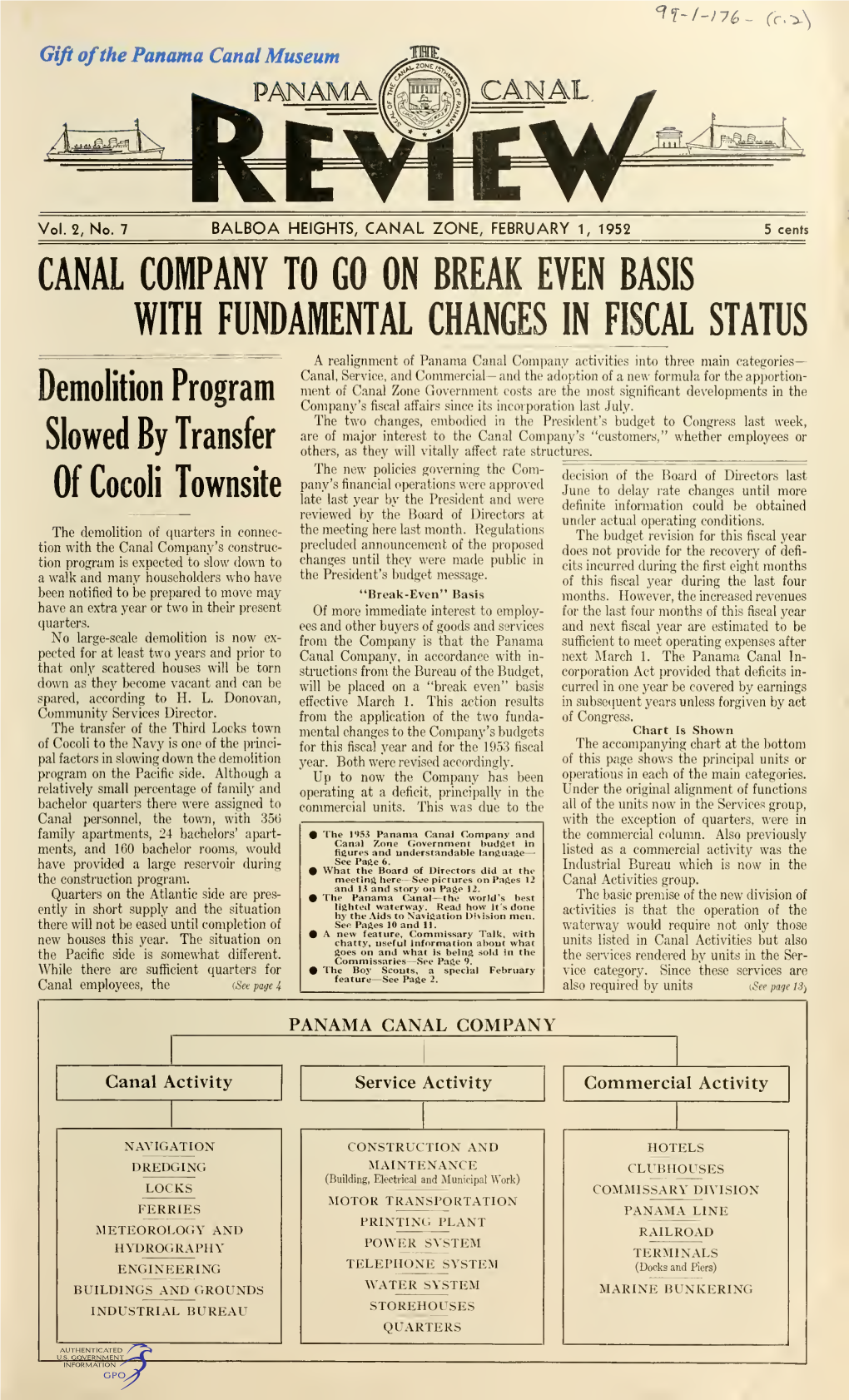 THE PANAMA CANAL REVIEW February 1, 1952 Boy Scouts in the Canal Zone Celebrate 42D Anniversary of Their Founding