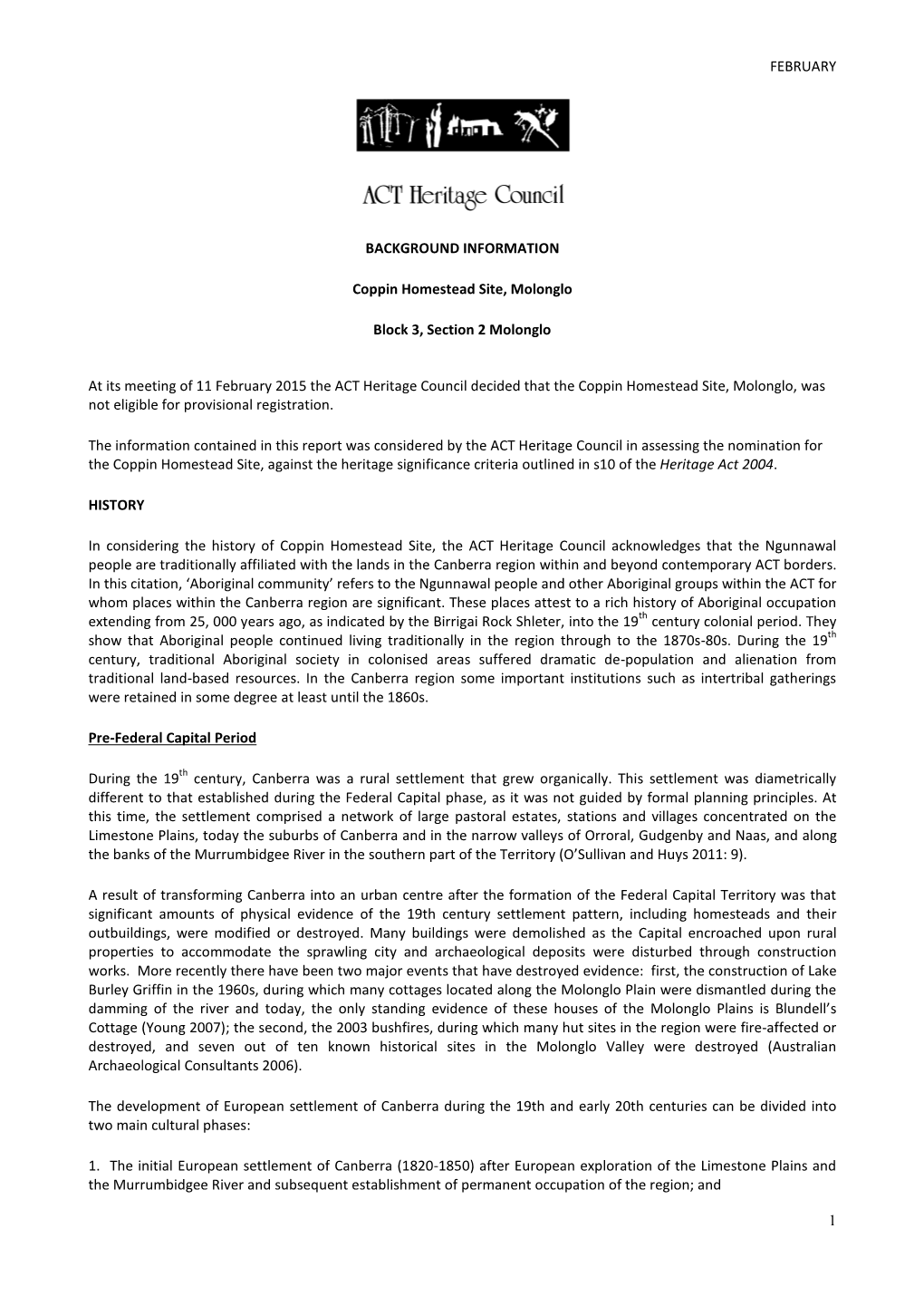 BACKGROUND INFORMATION – Coppins Homestead Site, Molonglo