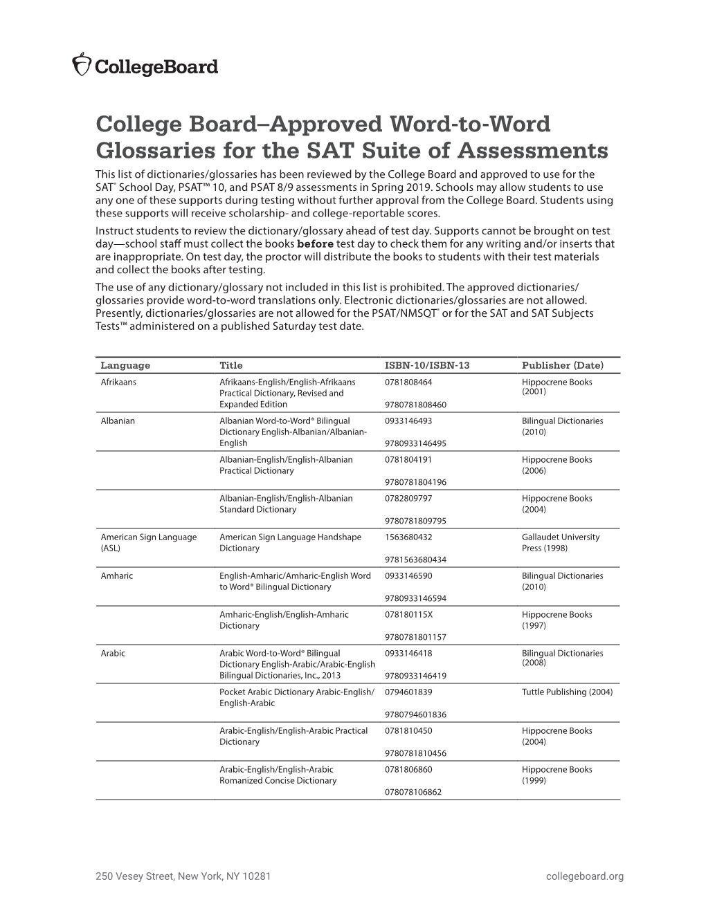 College Board-Approved Word-To-Word Glossaries