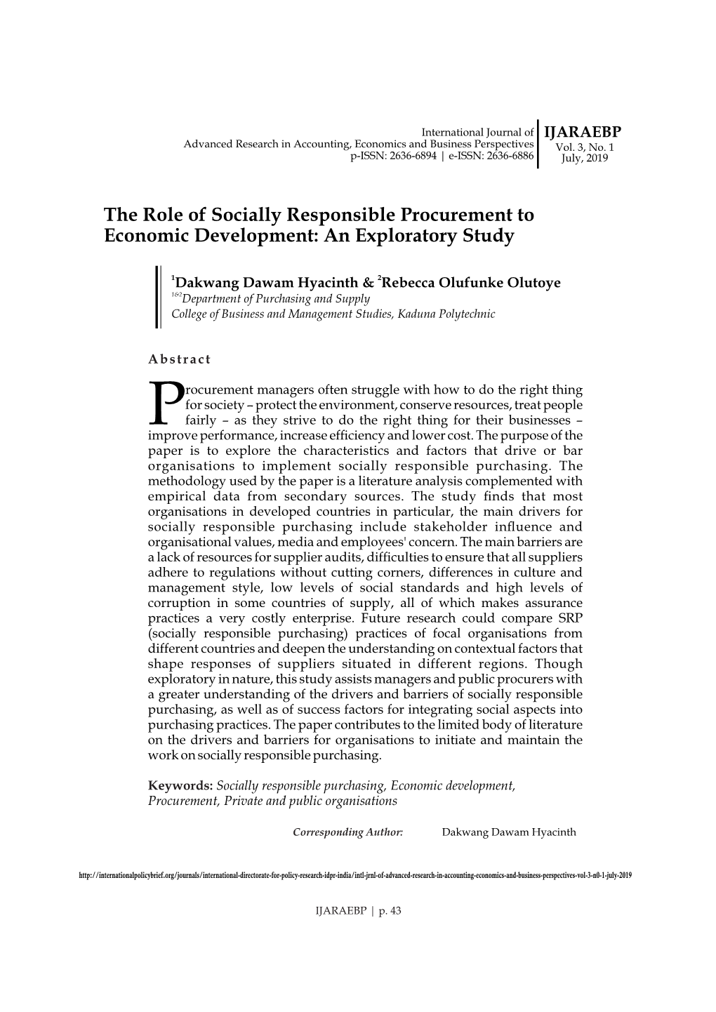 The Role of Socially Responsible Procurement to Economic Development: an Exploratory Study