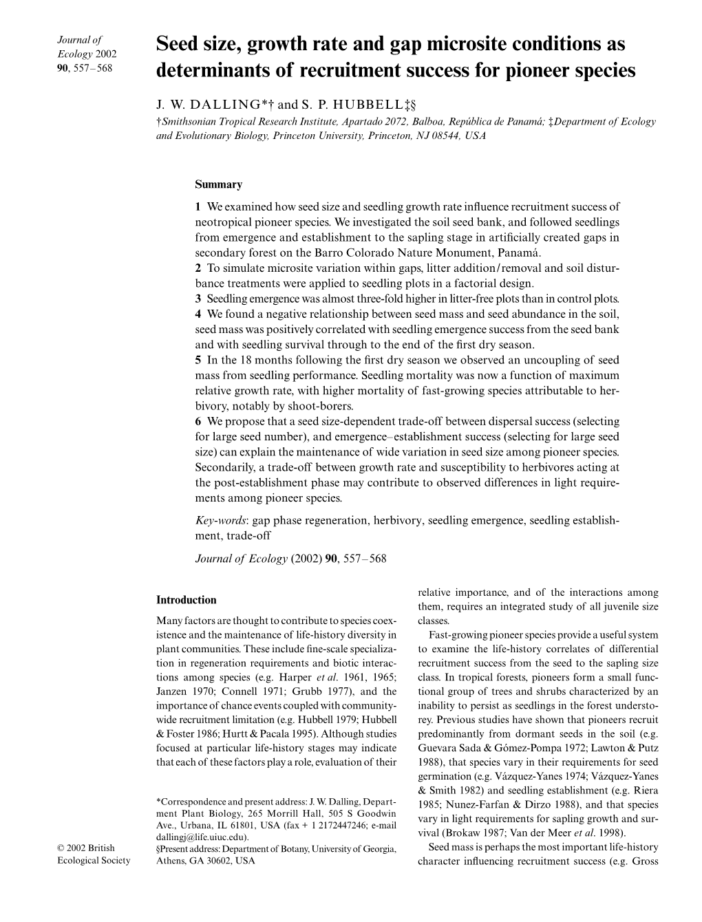 Seed Size, Growth Rate and Gap Microsite Conditions As 90, 557–568 Determinants of Recruitment Success for Pioneer Species