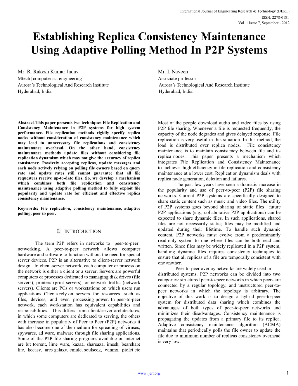 Establishing Replica Consistency Maintenance Using Adaptive Polling Method in P2P Systems