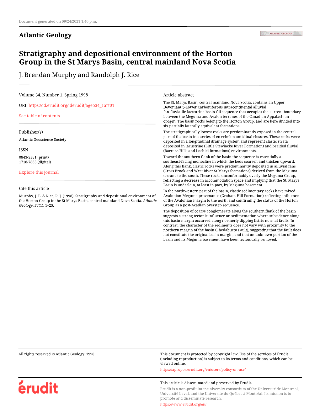 Stratigraphy and Depositional Environment of the Horton Group in the St Marys Basin, Central Mainland Nova Scotia J