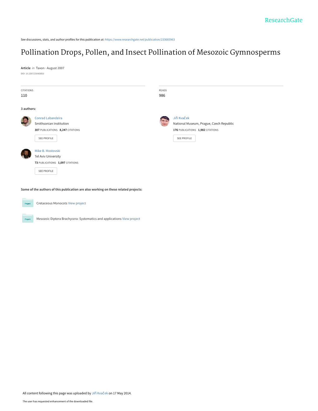 Pollination Drops, Pollen, and Insect Pollination of Mesozoic Gymnosperms