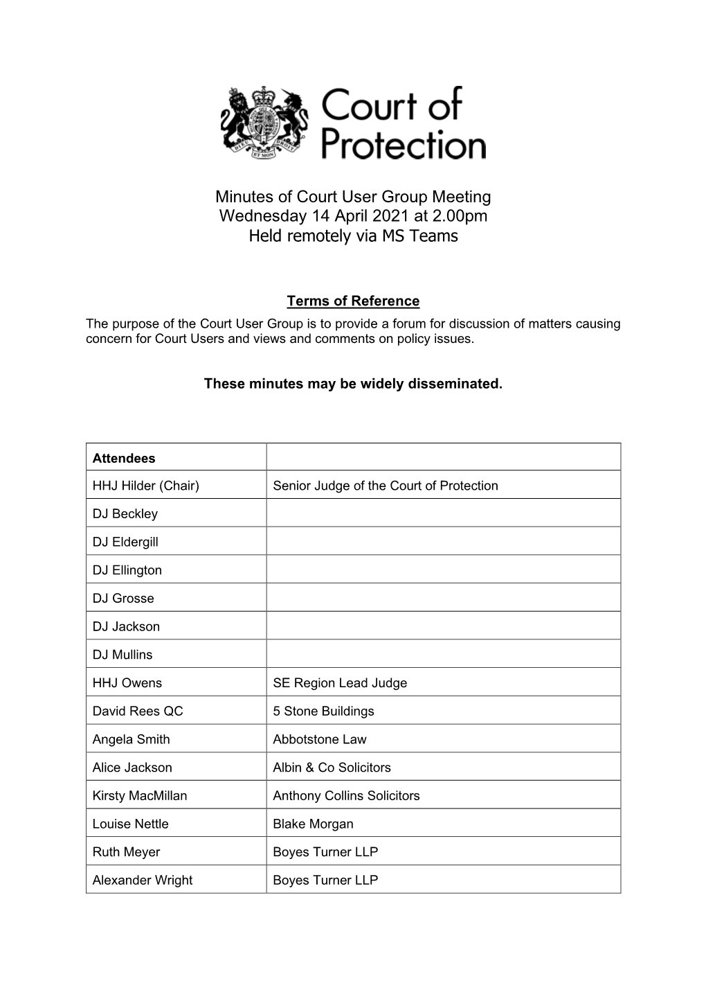 Minutes of Court User Group Meeting Wednesday 14 April 2021 at 2.00Pm Held Remotely Via MS Teams
