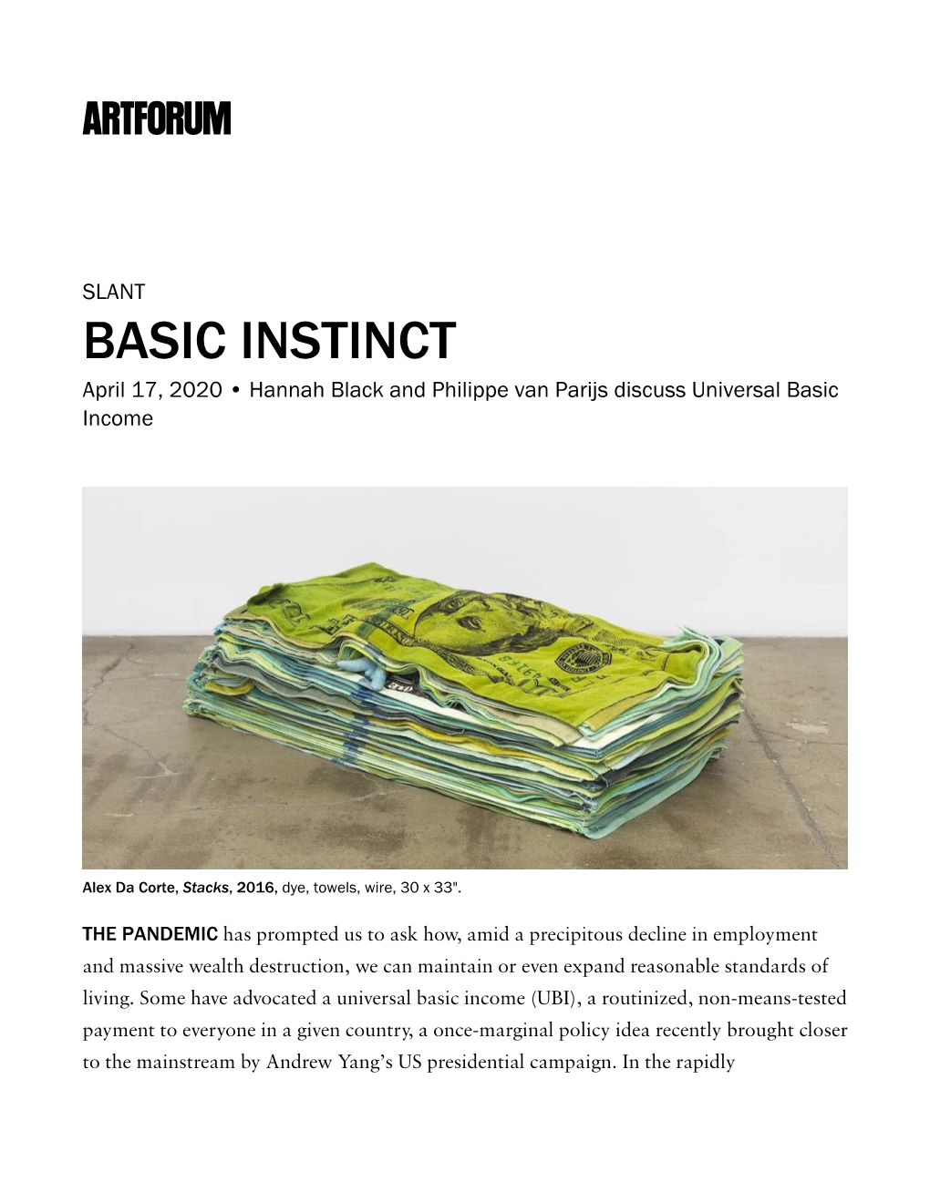 BASIC INSTINCT April 17, 2020 • Hannah Black and Philippe Van Parijs Discuss Universal Basic Income