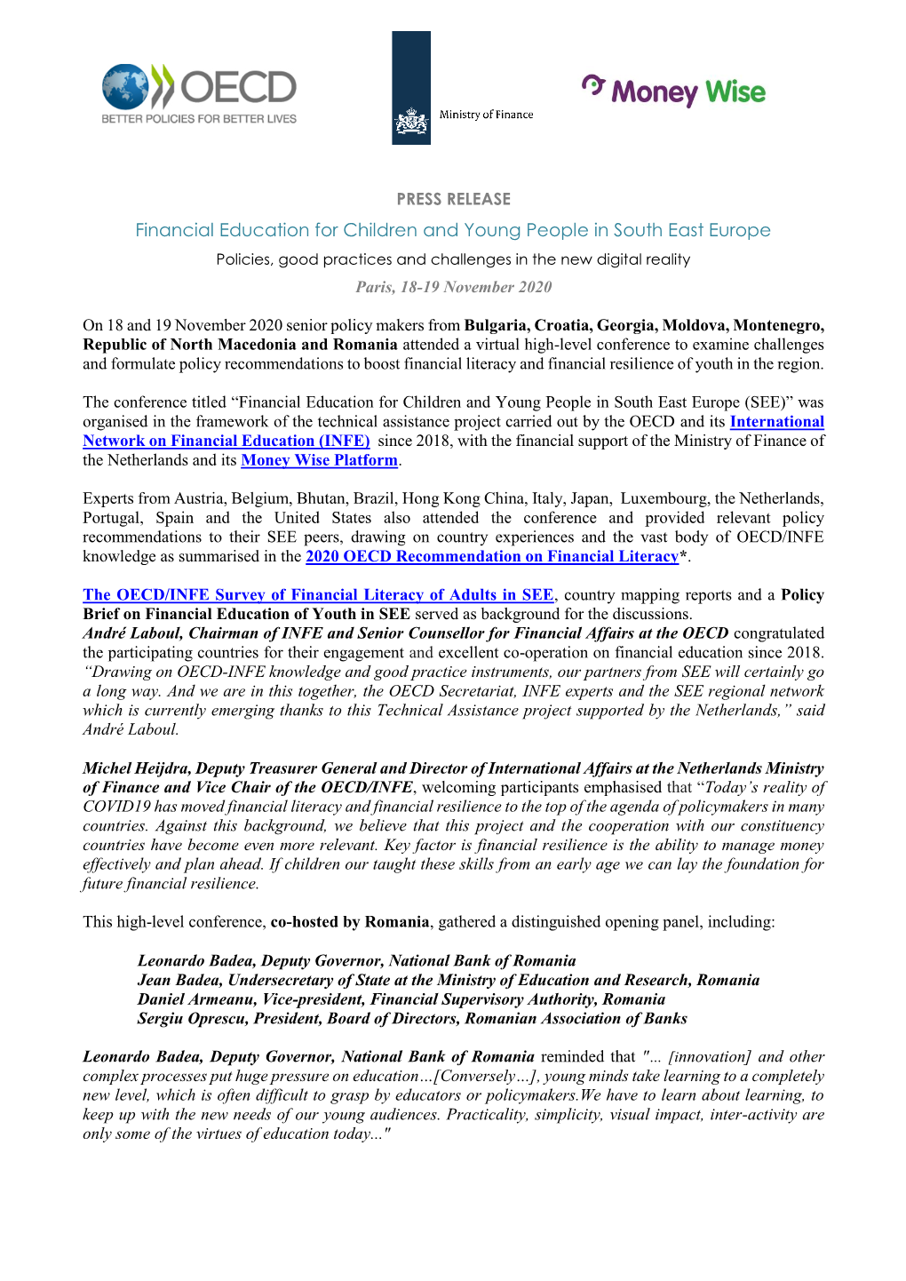 Financial Education for Children and Young People in South East Europe Policies, Good Practices and Challenges in the New Digital Reality Paris, 18-19 November 2020