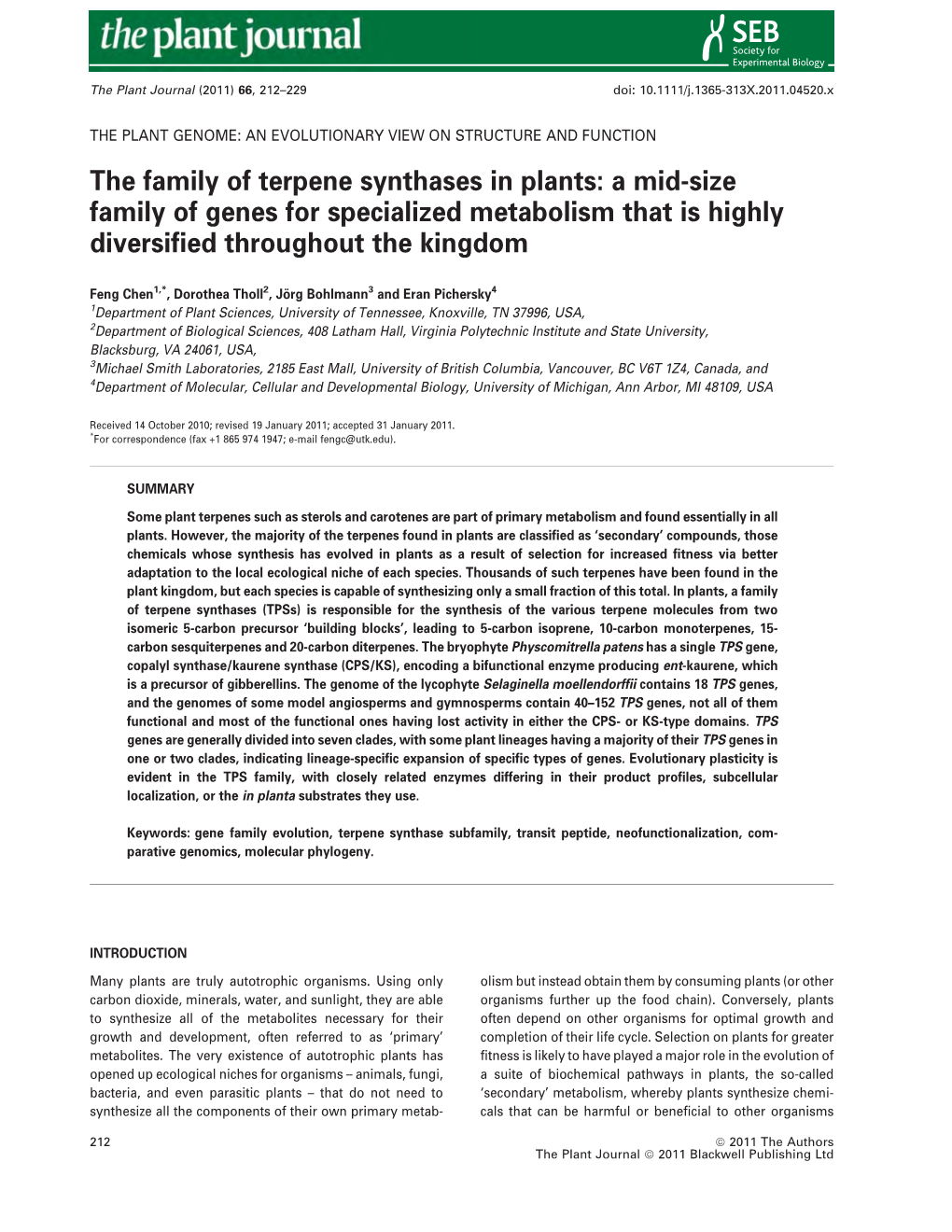 The Family of Terpene Synthases in Plants: a Mid-Size Family of Genes for Specialized Metabolism That Is Highly Diversiﬁed Throughout the Kingdom