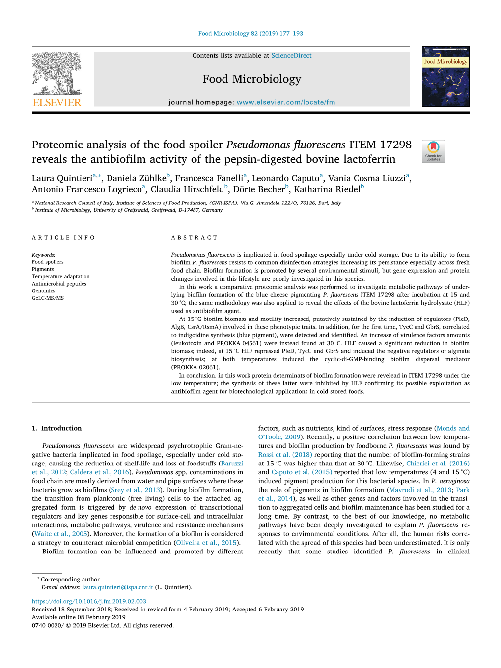 Food Microbiology Proteomic Analysis of the Food Spoiler Pseudomonas Fluorescens ITEM 17298 Reveals the Antibiofilm Activity Of