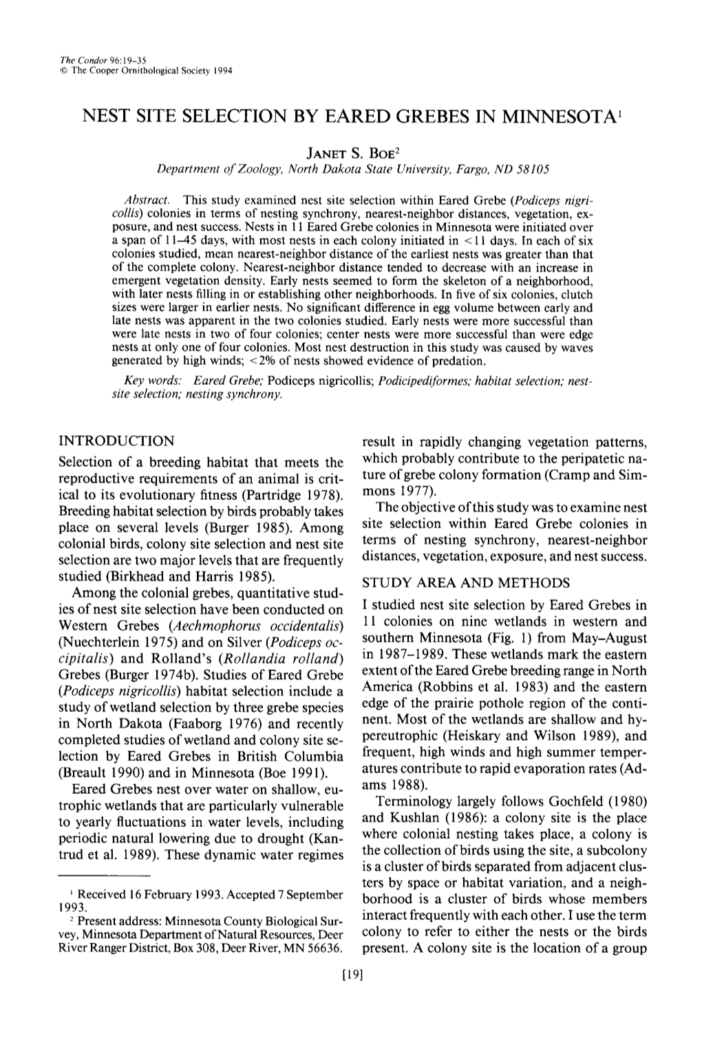 Nest Site Selection by Eared Grebes in Minnesota’