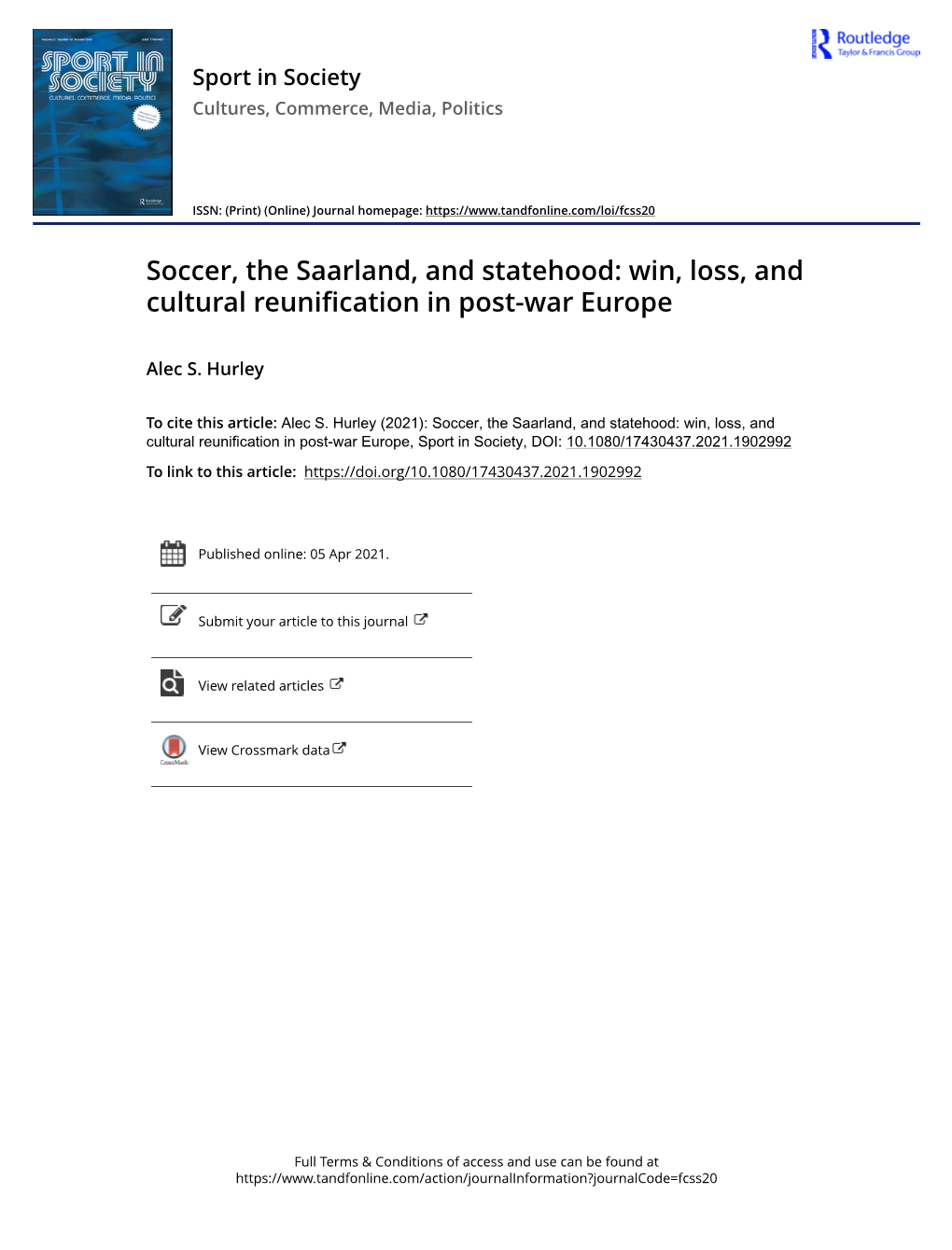 Soccer, the Saarland, and Statehood: Win, Loss, and Cultural Reunification in Post-War Europe