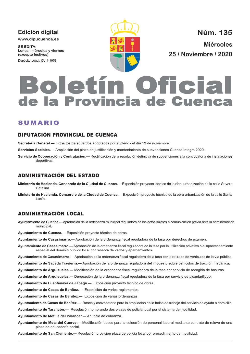 Boletín Oficial De La Provincia De Cuenca Sumario Diputación Provincial De Cuenca