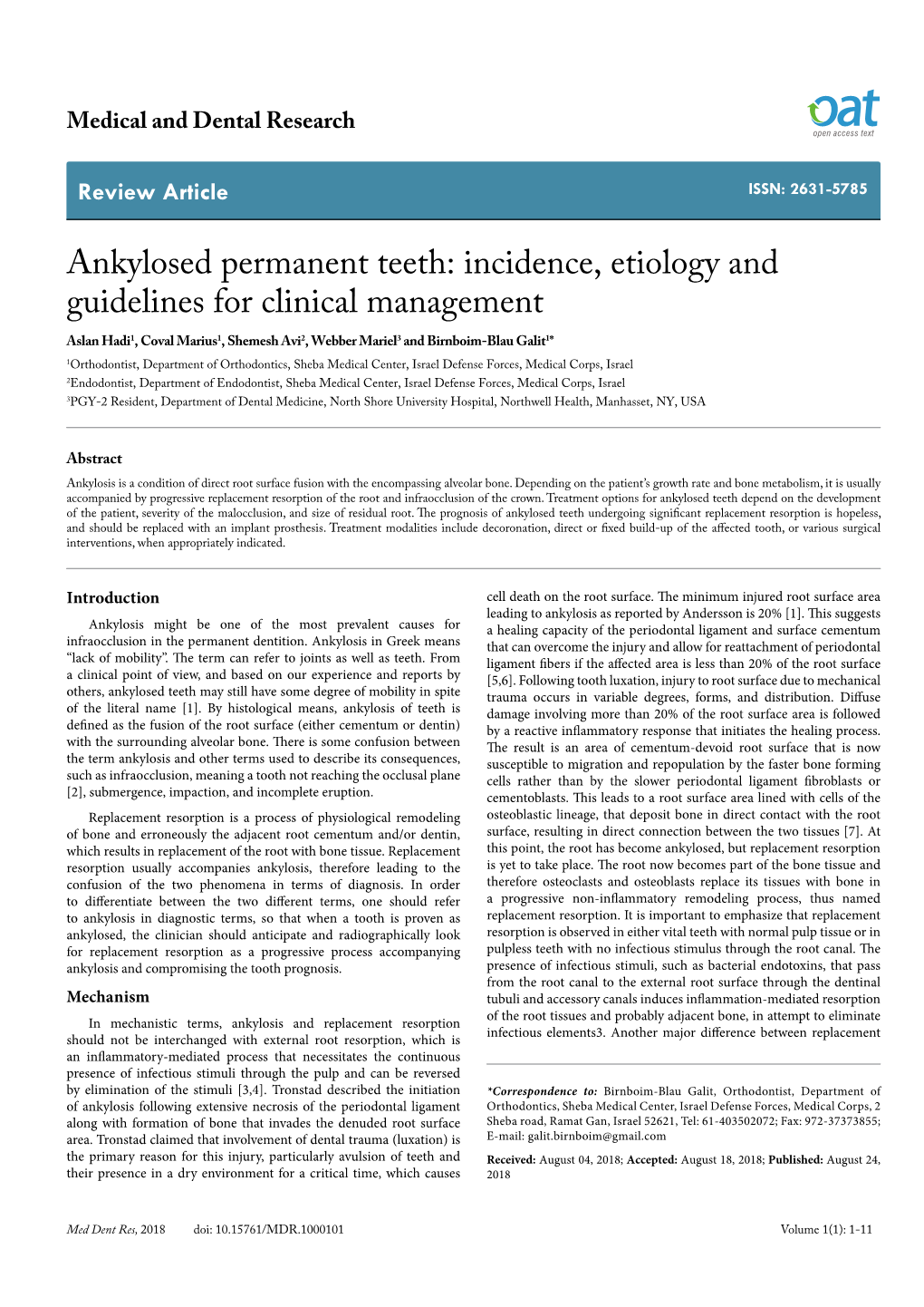 Ankylosed Permanent Teeth: Incidence, Etiology and Guidelines for Clinical