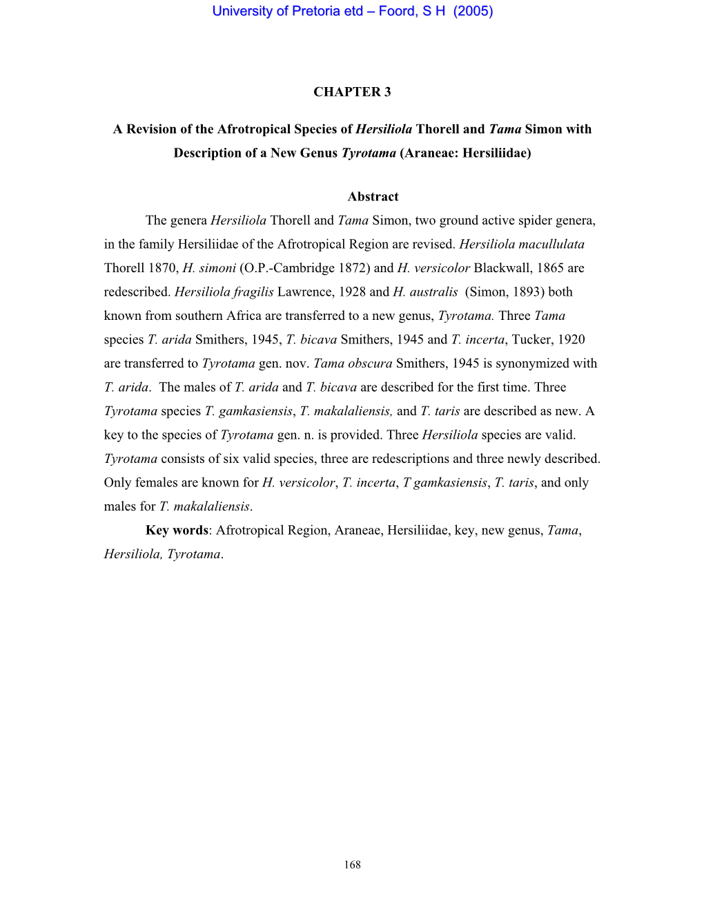 CHAPTER 3 a Revision of the Afrotropical Species of Hersiliola