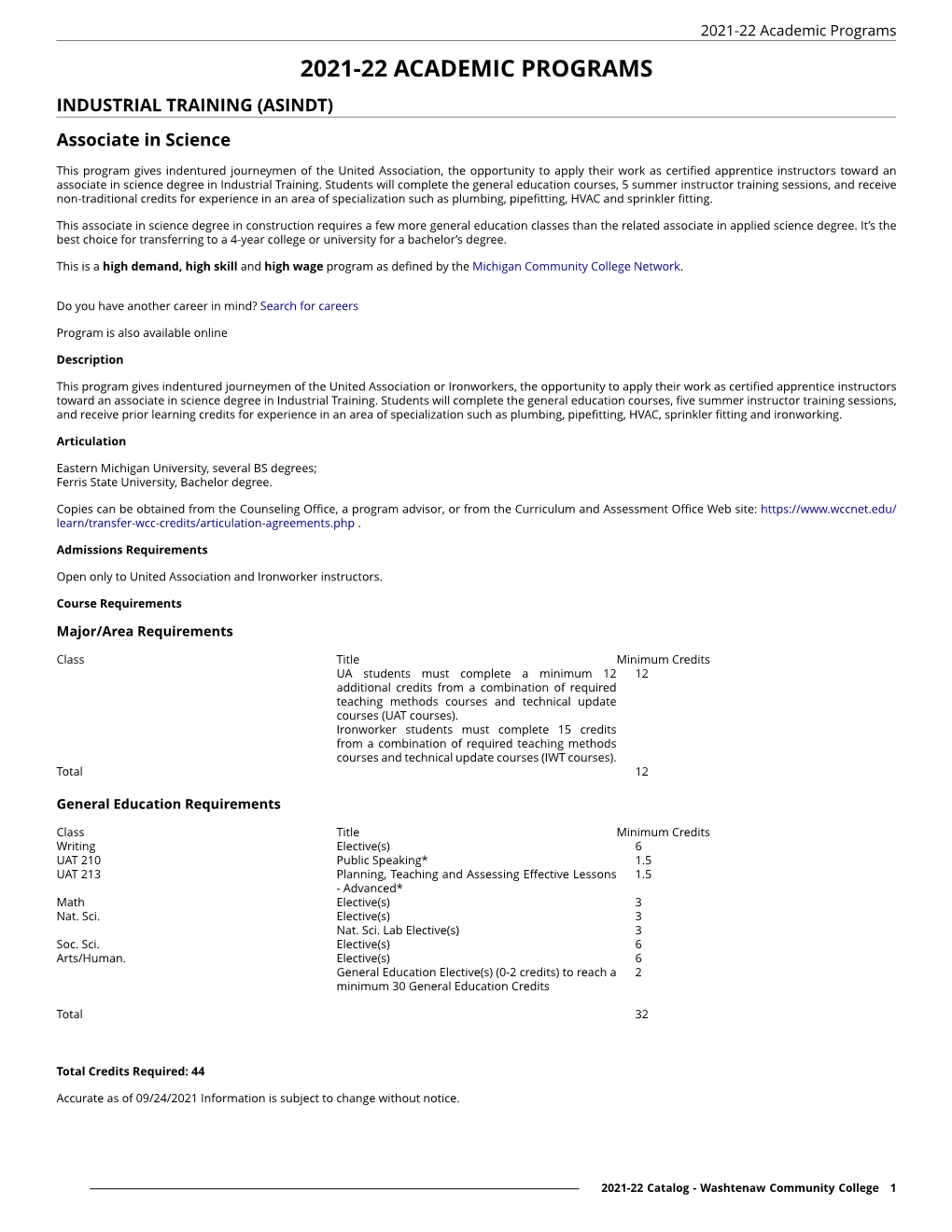 2021-22 Academic Programs at Washtenaw