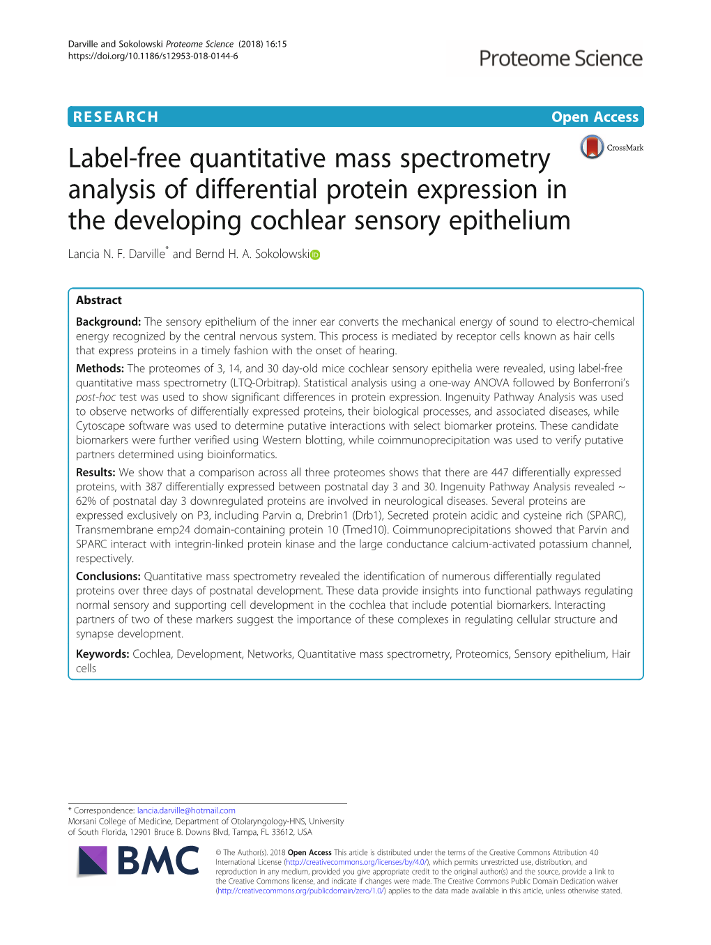 Label-Free Quantitative Mass Spectrometry Analysis of Differential Protein Expression in the Developing Cochlear Sensory Epithelium Lancia N