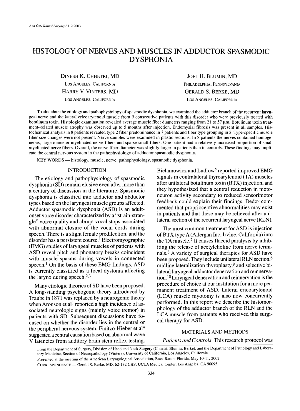 2003 Chhetri Histology of Nerves and Muscles in Adductor Spasmodic