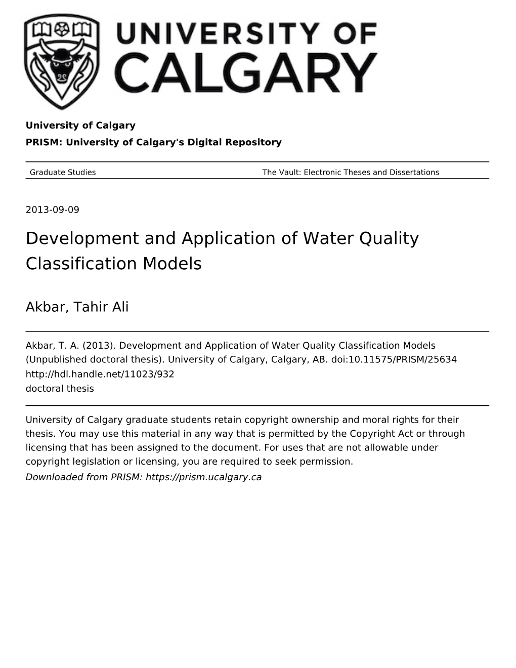 Development and Application of Water Quality Classification Models