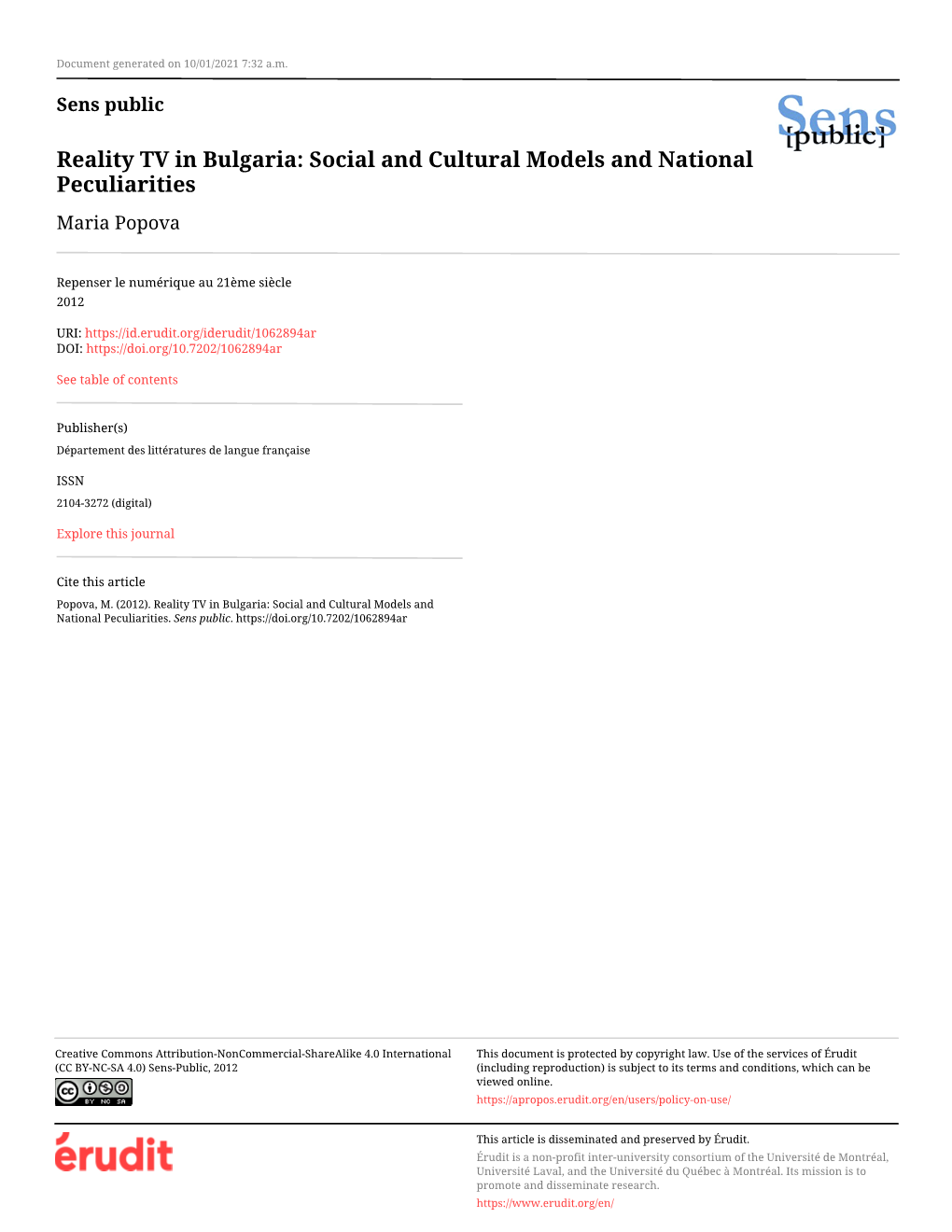 Reality TV in Bulgaria: Social and Cultural Models and National Peculiarities Maria Popova