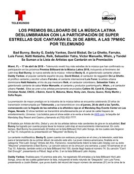 Los Premios Billboard De La Música Latina Deslumbrarán Con La Participación De Super Estrellas Que Cantarán El 26 De Abril a Las 7Pm/6C Por Telemundo
