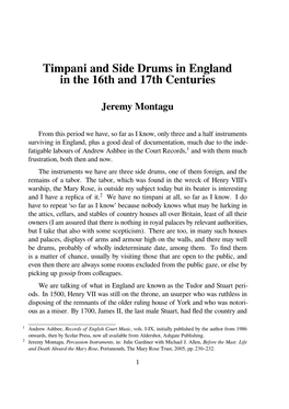Timpani and Side Drums in England in the 16Th and 17Th Centuries