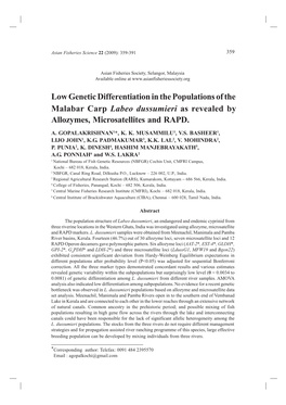 Low Genetic Differentiation in the Populations of the Malabar Carp Labeo Dussumieri As Revealed by Allozymes, Microsatellites and RAPD