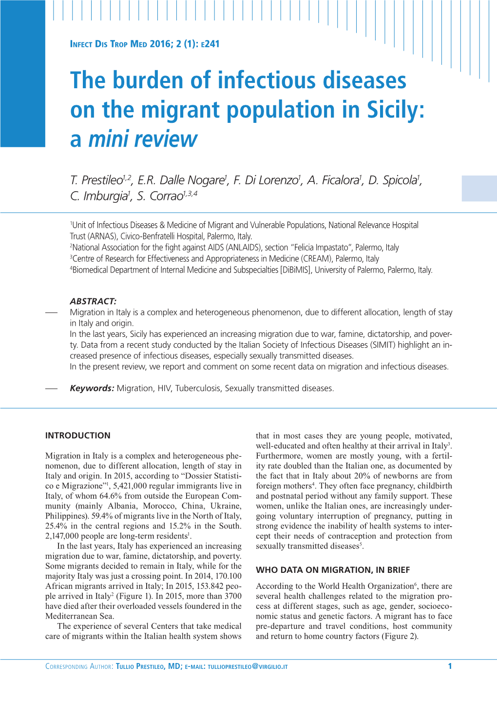 The Burden of Infectious Diseases on the Migrant Population in Sicily: a Mini Review