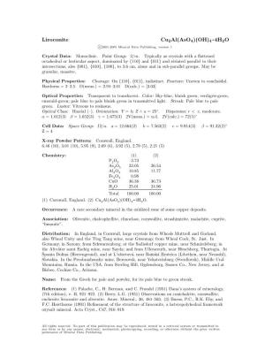 Liroconite Cu2al(Aso4)(OH)4 • 4H2O C 2001-2005 Mineral Data Publishing, Version 1
