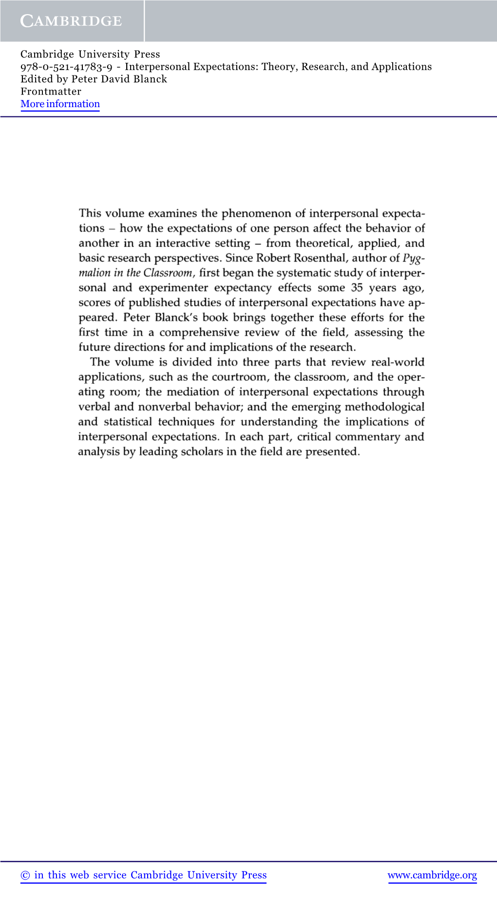 Interpersonal Expectations: Theory, Research, and Applications Edited by Peter David Blanck Frontmatter More Information