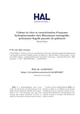 Culture in Vitro Et Caractérisation D'enzymes Hydrogénosomales Chez