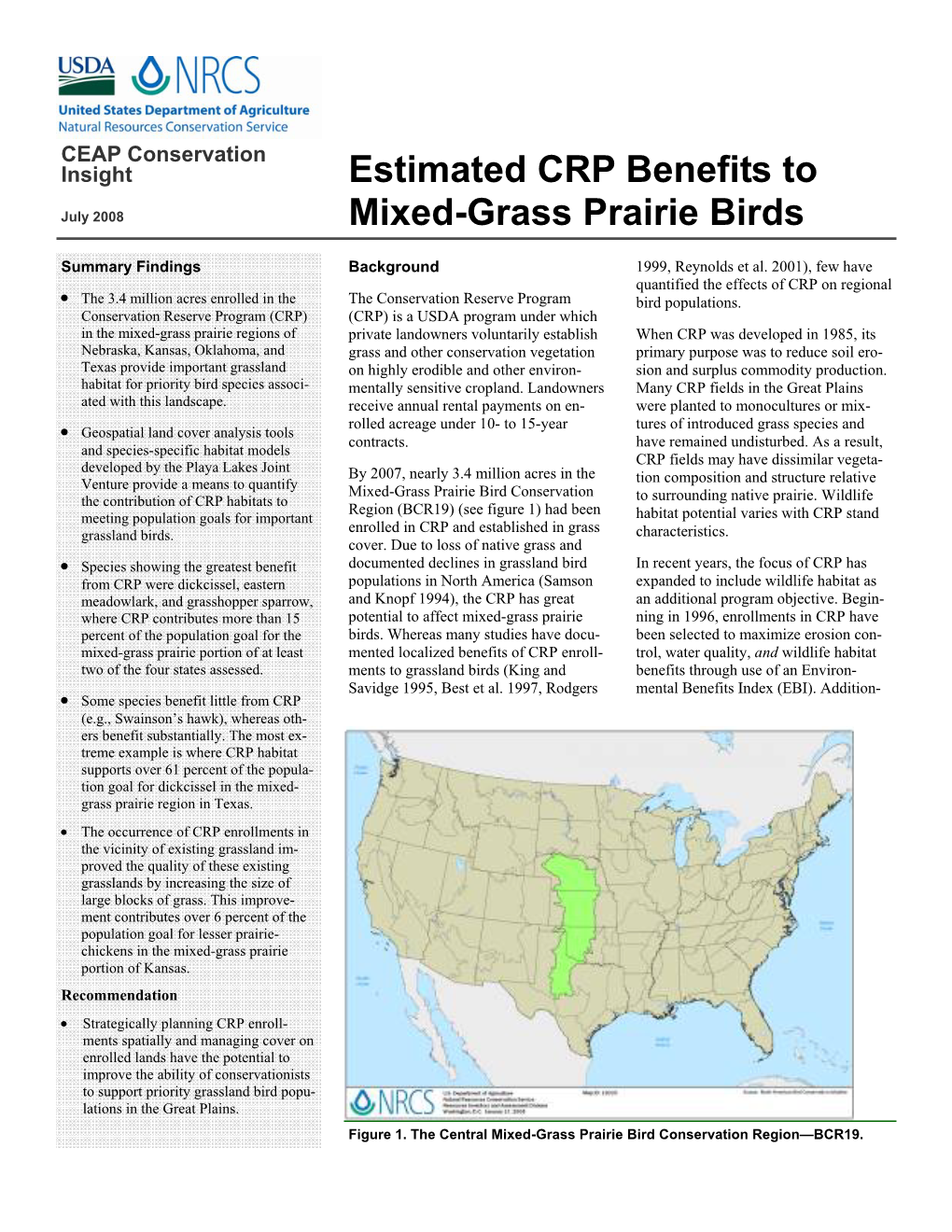 Conservation Insight—Estimated CRP Benefits to Mixed-Grass Prairie Birds