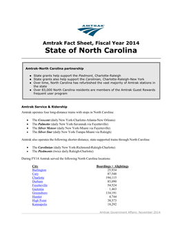 Amtrak Fact Sheet, Fiscal Year 2014: State of North Carolina