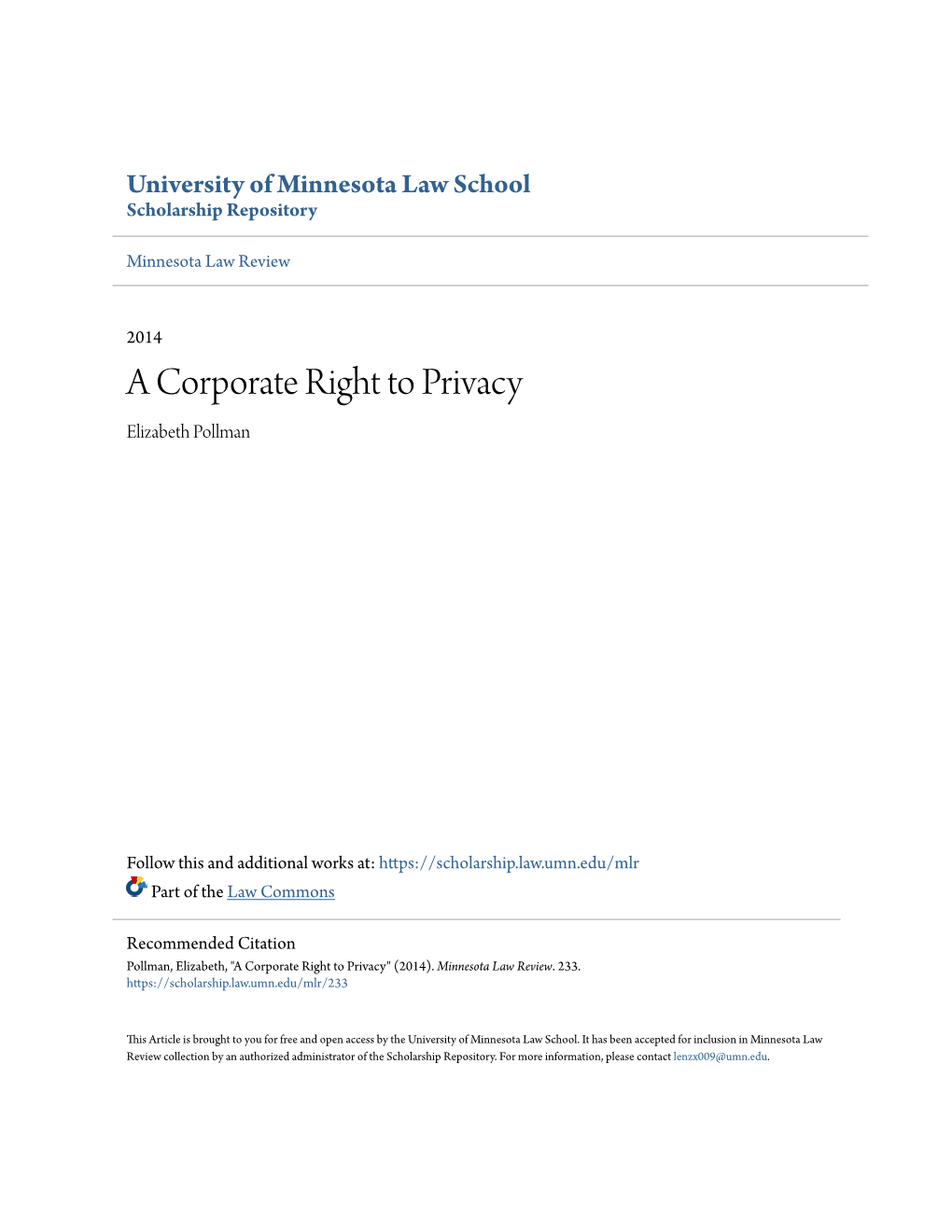 A Corporate Right to Privacy Elizabeth Pollman