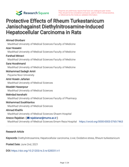 Protective Effects of Rheum Turkestanicum Janischagainst Diethylnitrosamine-Induced Hepatocellular Carcinoma in Rats