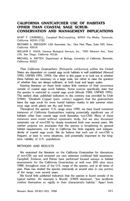 California Gnatcatcher Use of Habitats Other Than Coastal Sage Scrub: Conservation and Management Implications