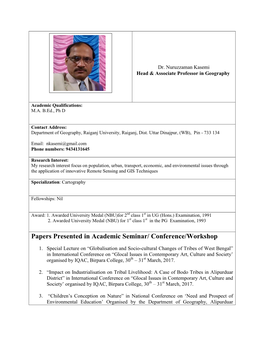 Papers Presented in Academic Seminar/ Conference/Workshop