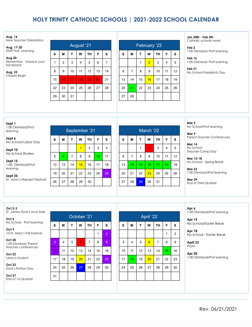 2021-2022 School Calendar