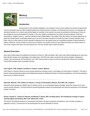 Mimicry - Ecology - Oxford Bibliographies 12/13/12 7:29 PM